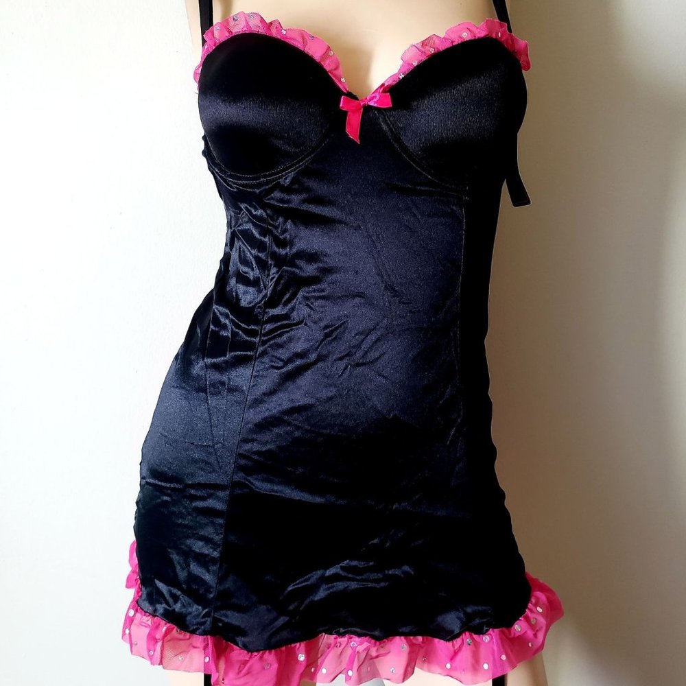 Native Intimates Black Pink Ruffled Chemise NEW